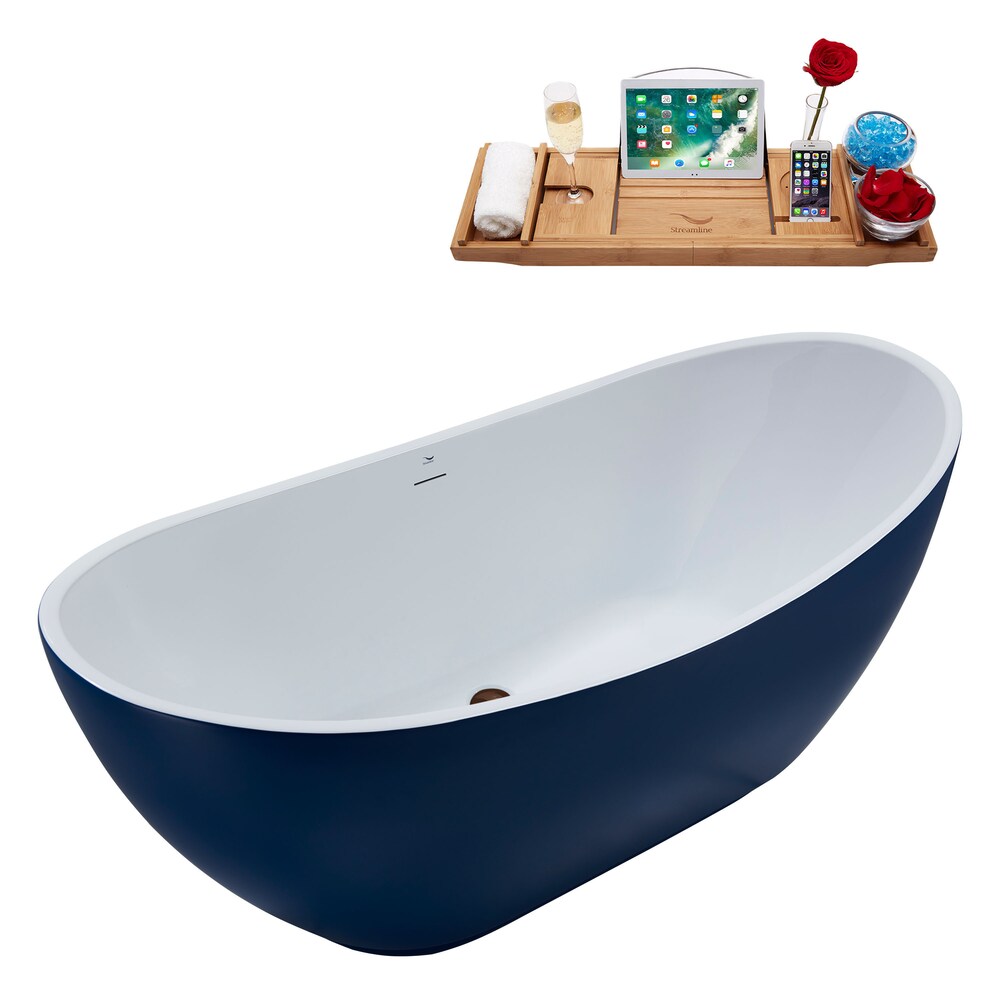 Baignoire ovale autoportante N595ORB de 62 pouces avec drain interne et plateau en bleu foncé mat