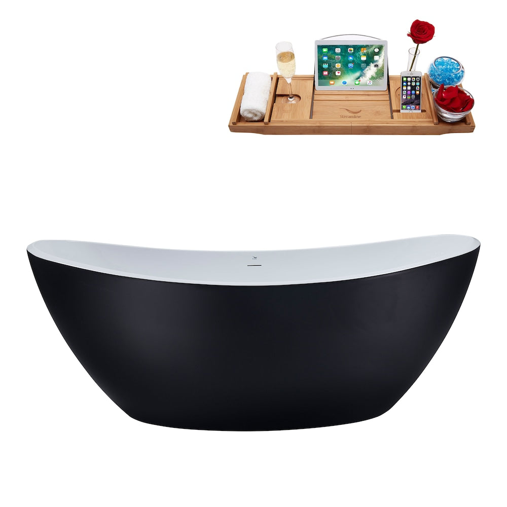 N955ORB 75 inch Freestanding Oval Bathtub with Internal Drain and Tray in Matte Black