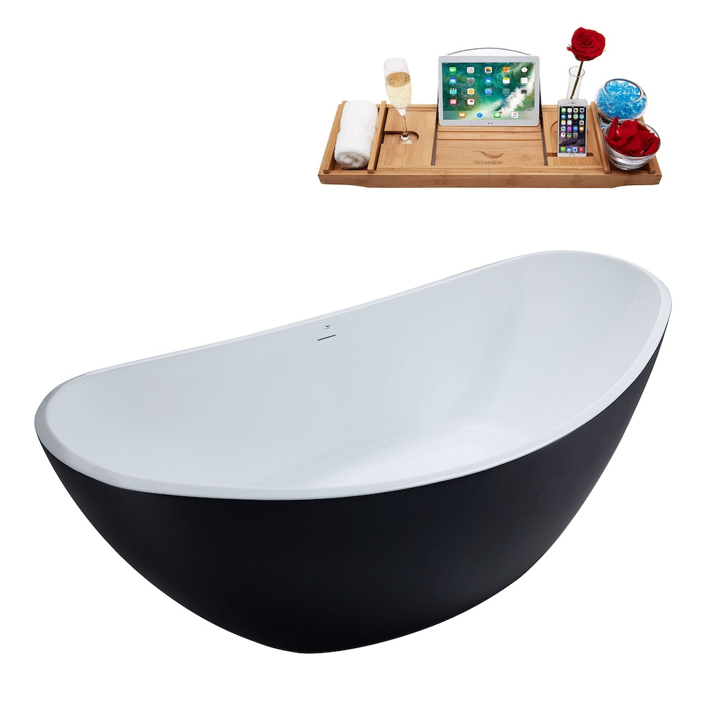 N955WH 75 inch Freestanding Oval Bathtub with Internal Drain and Tray in Matte Black