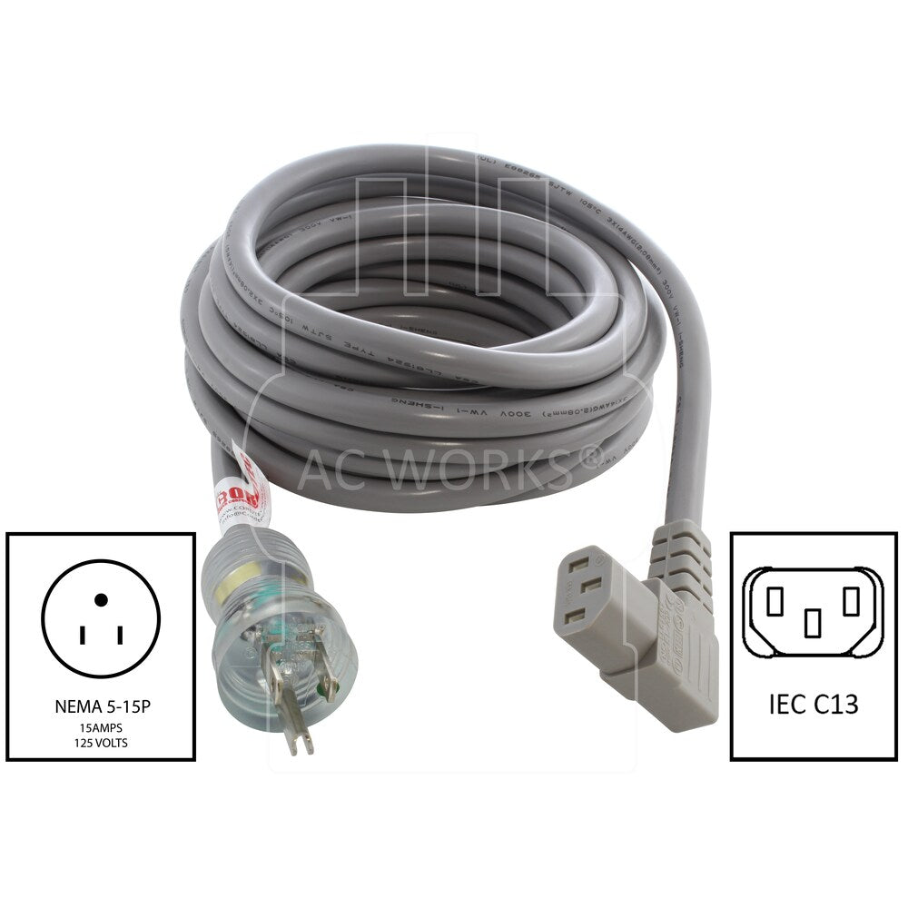 20ft 14/3 15A Medical Grade Power Cord with Right Angle IEC C13 Connector