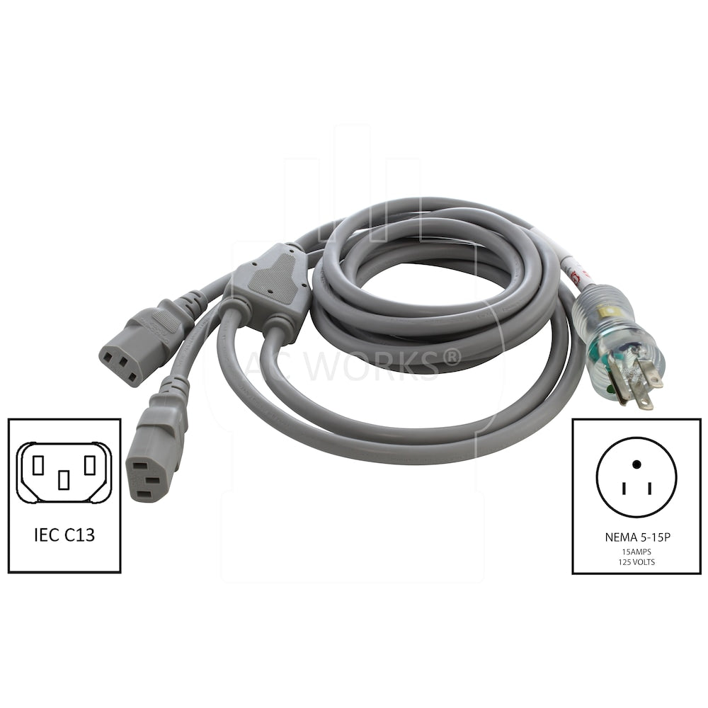 10ft 13A 16/3 Medical Grade Y-Cable with Two C13 Connectors