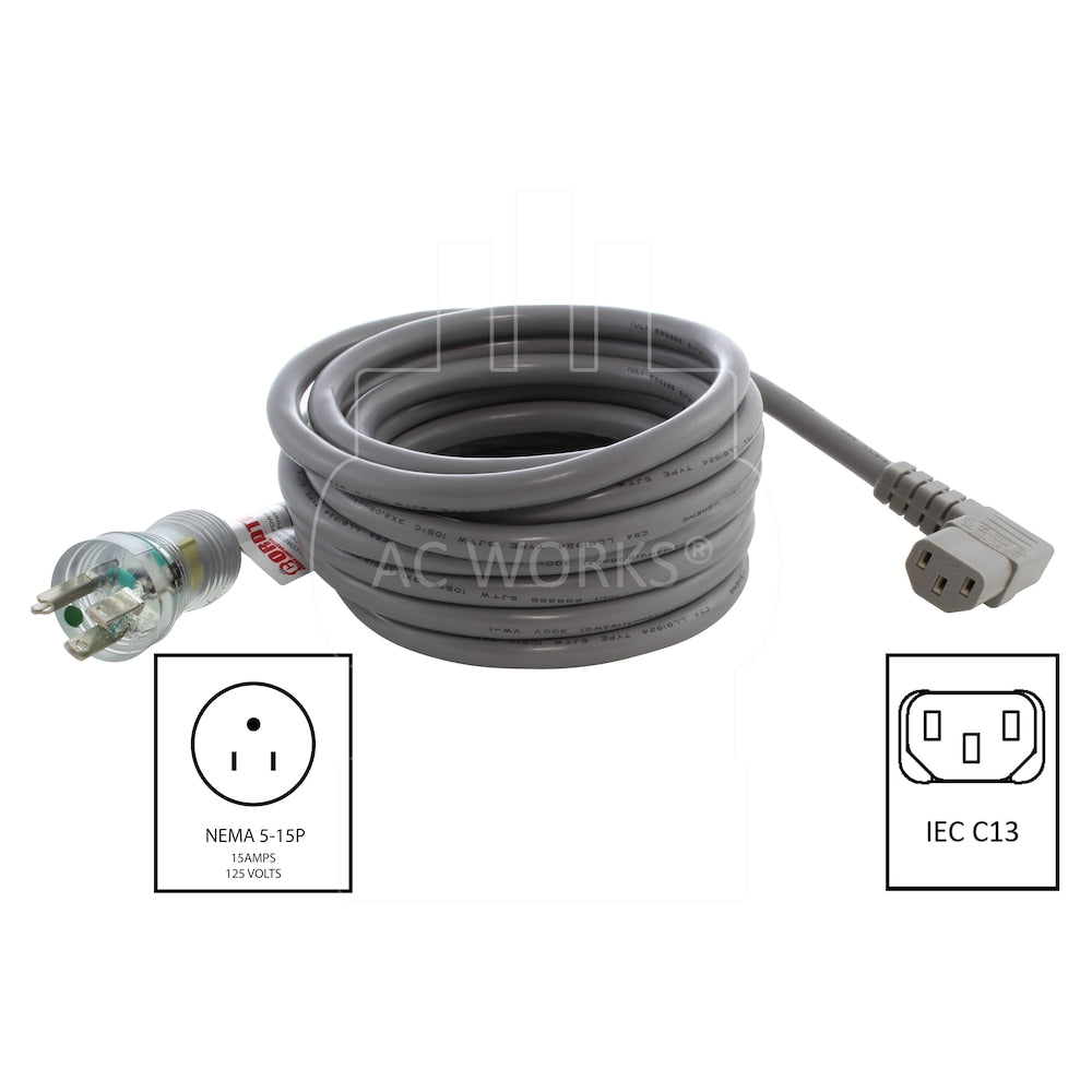 20ft 14/3 15A Medical Grade Power Cord With Left Angle IEC C13 Connector
