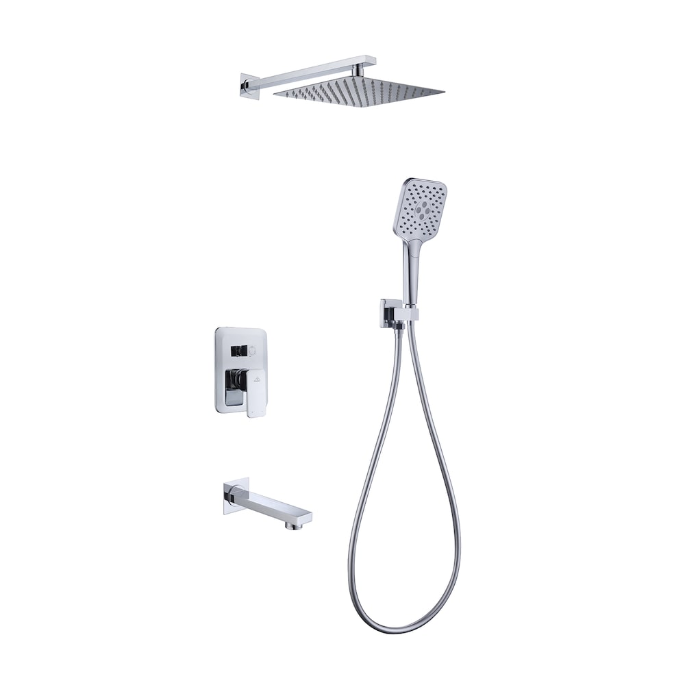 Robinet de douche à effet pluie carré à 3 jets fixé au mur en chrome avec bec de baignoire