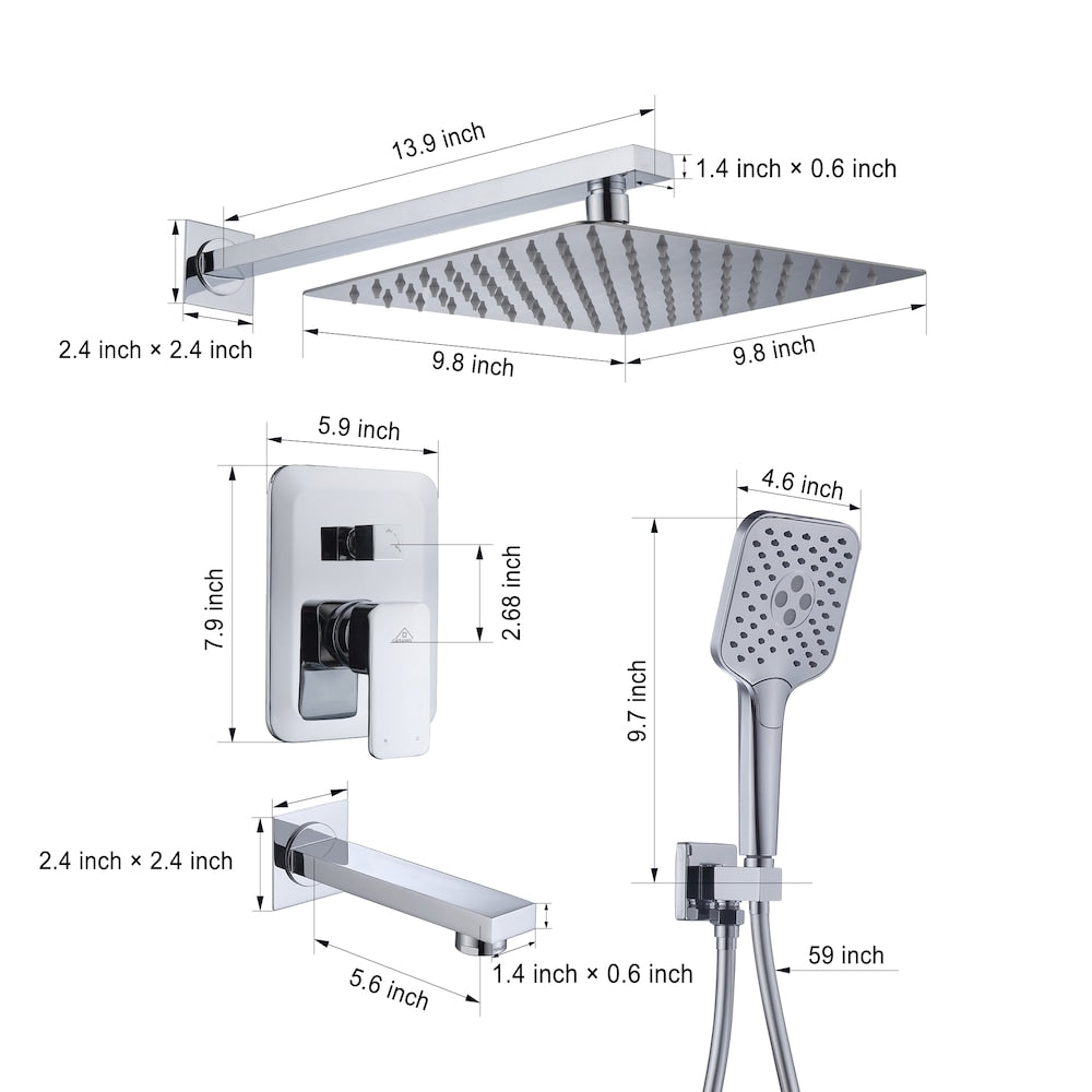 Robinet de douche à effet pluie carré à 3 jets fixé au mur en chrome avec bec de baignoire