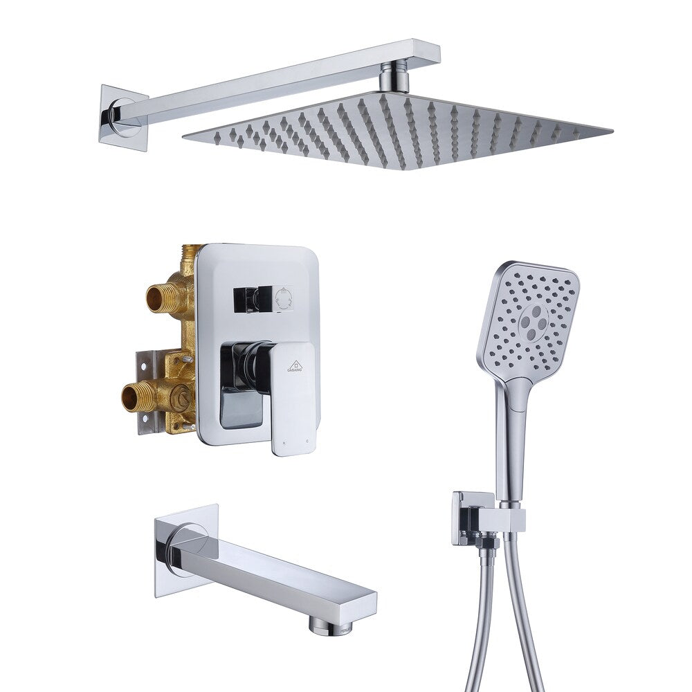 Wall-Mounted 3 Spray Square Rain Shower Faucet in Chrome with Bathtub Spout