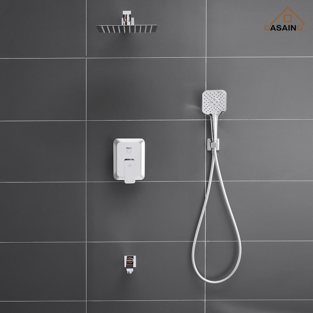 Robinet de douche à effet pluie carré à 3 jets fixé au mur en chrome avec bec de baignoire