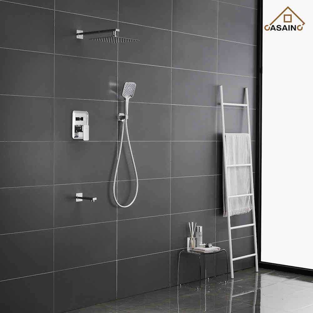Robinet de douche à effet pluie carré à 3 jets fixé au mur en chrome avec bec de baignoire