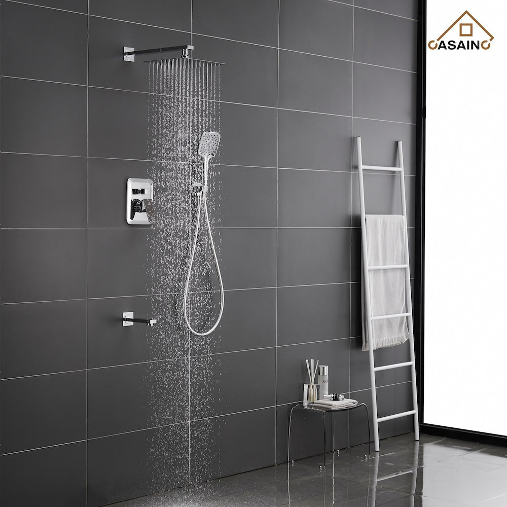 Robinet de douche à effet pluie carré à 3 jets fixé au mur en chrome avec bec de baignoire