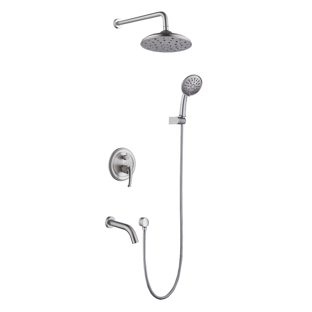Robinet de douche à effet pluie à 3 jets fixé au mur en nickel brossé avec bec de baignoire