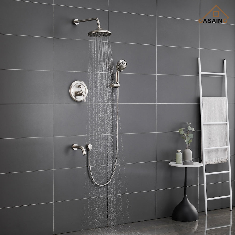 Wall-Mounted 3 Spray Rain Shower Faucet in Brushed Nickel with Bathtub Spout