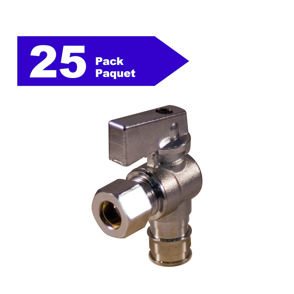 Vanne d'arrêt d'alimentation 1/2 pouce F1960 PEX x 3/8 pouce OD Comp. Angle quart de tour paquet de 25