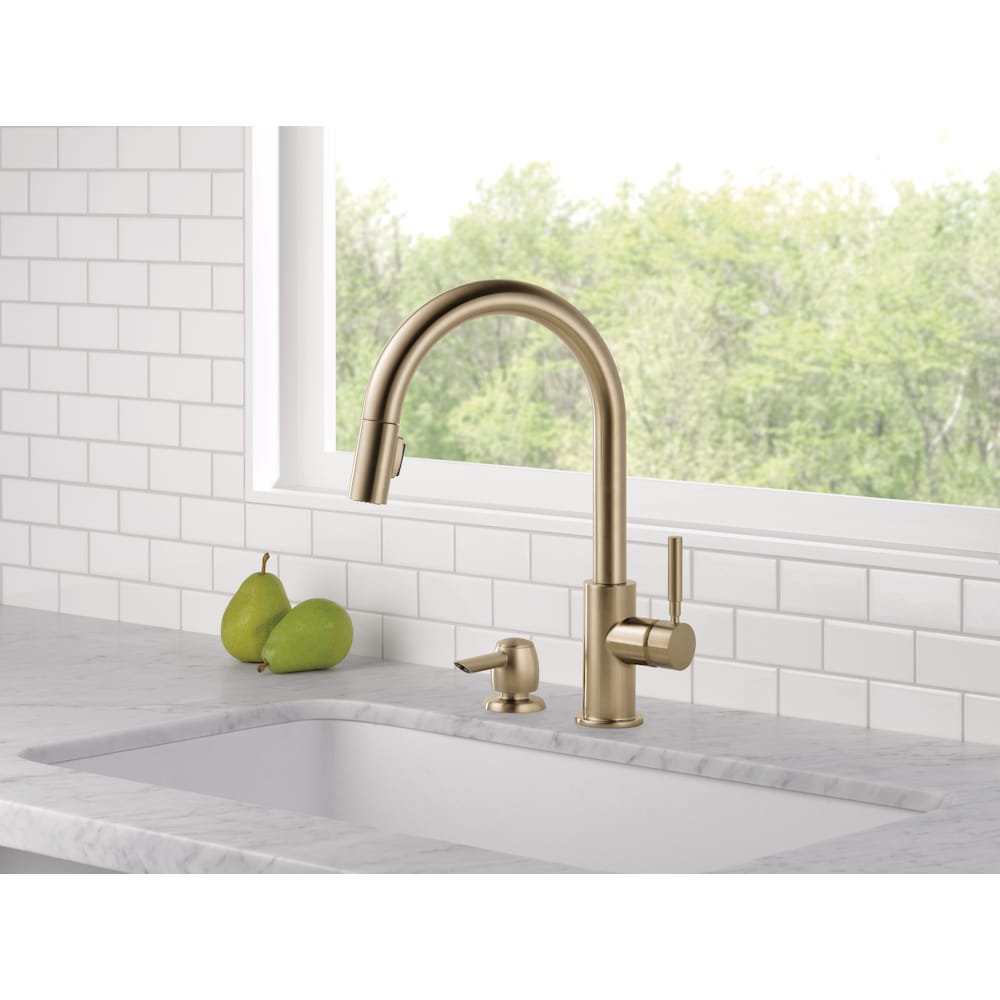 Trask Single Handle Pull-Down Kitchen Faucet with Soap Dispenser in Champagne Bronze