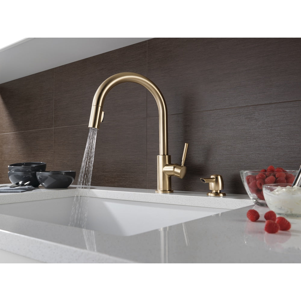 Trask Single Handle Pull-Down Kitchen Faucet with Soap Dispenser in Champagne Bronze