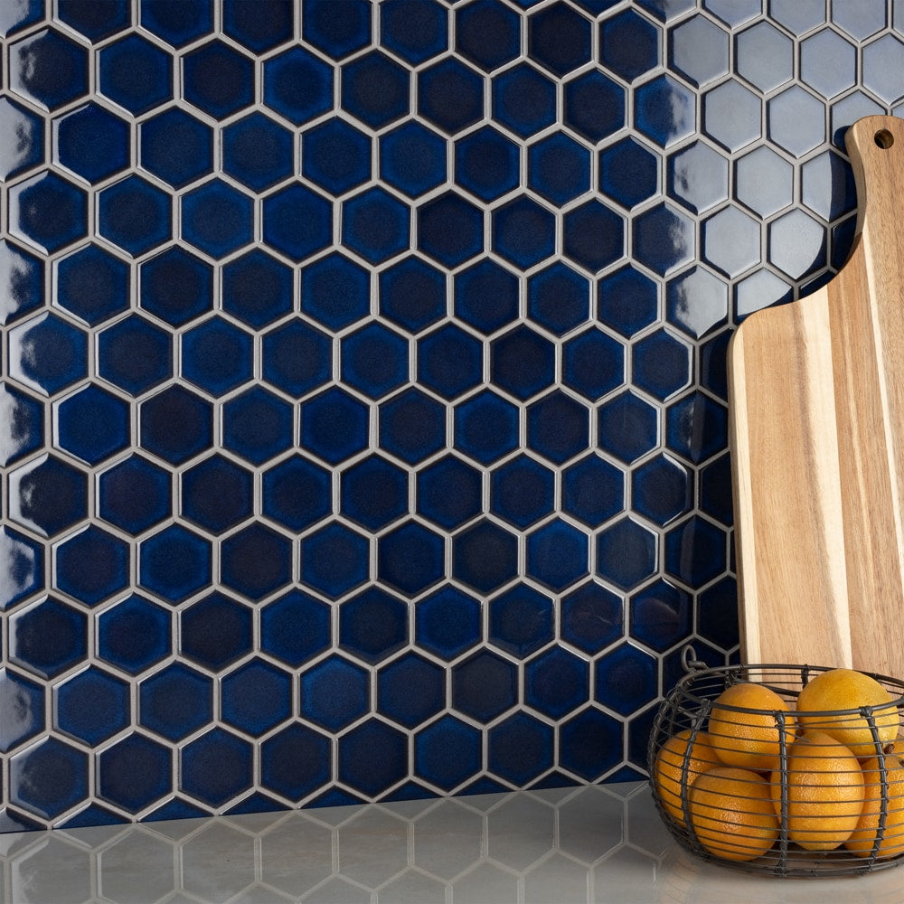 Sample - Tribeca 2" Hex Glossy Cobalt 6 in. x 6 in. Porcelain Mosaic