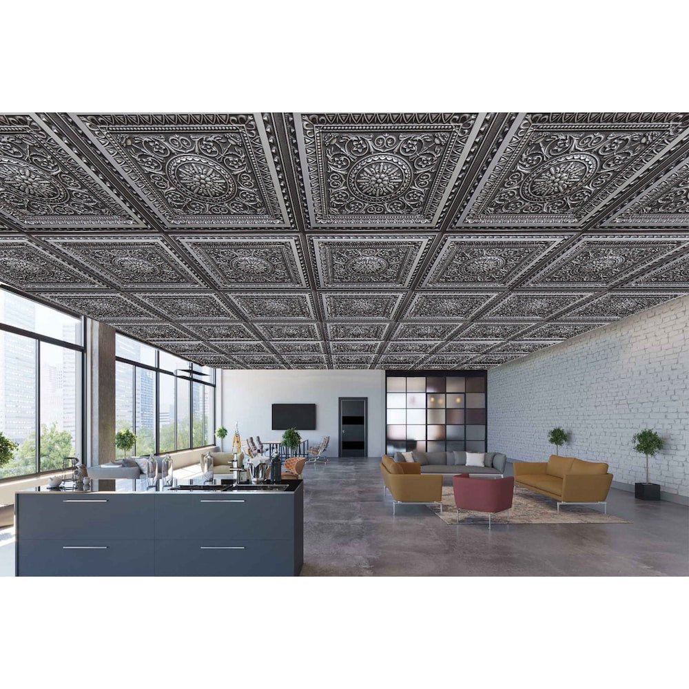 Falkirk Perth 2 ft. x 2 ft. Glue Up or Lay In Antique Silver Ceiling Panel Floral