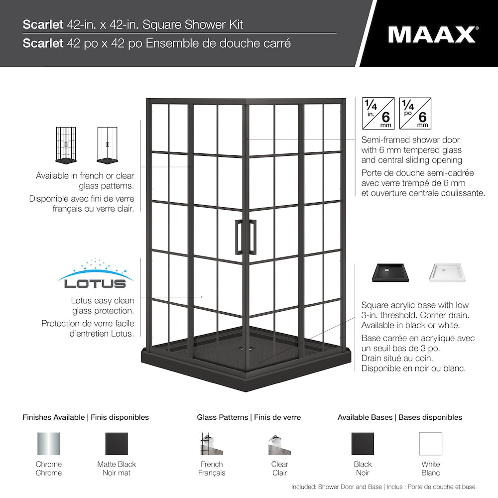 Scarlet 42 in. L x 42 in. W x 75 in. H Corner Shower Kit Enclosure with White Acrylic Base, Corner Drain & French Glass, Matte Black Sliding Door (No Shower Wall)