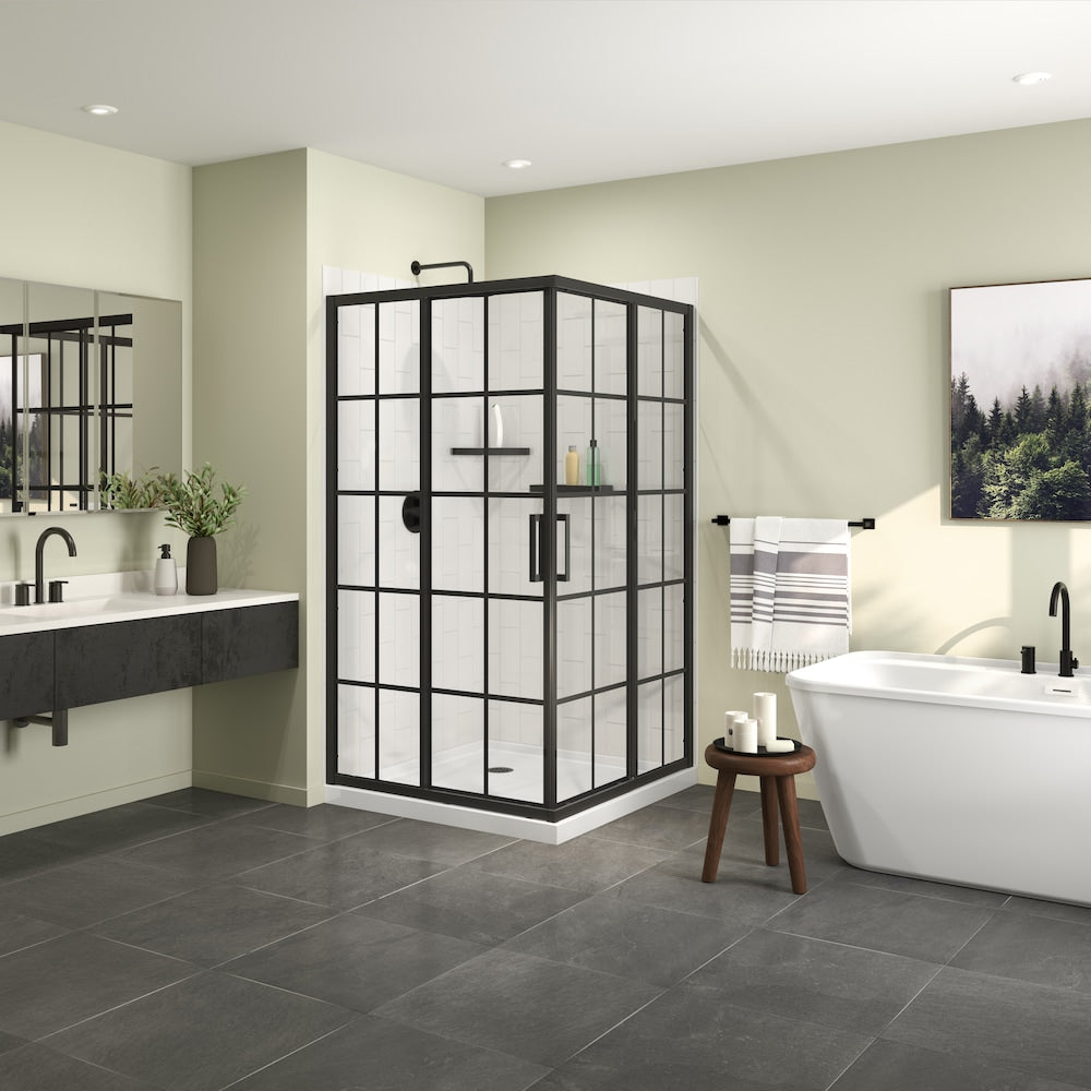 Cabine de douche d'angle Scarlet 42 po L x 42 po l x 75 po H avec base en acrylique blanc, drain d'angle et verre français, porte coulissante noir mat (sans paroi de douche)