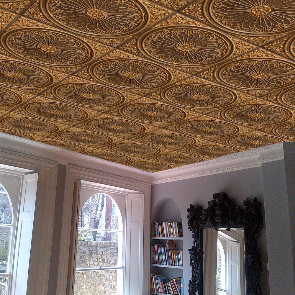 Falkirk Perth 2 ft. x 2 ft. Floral Antique Gold Ceiling Panel Glue Up or Lay In