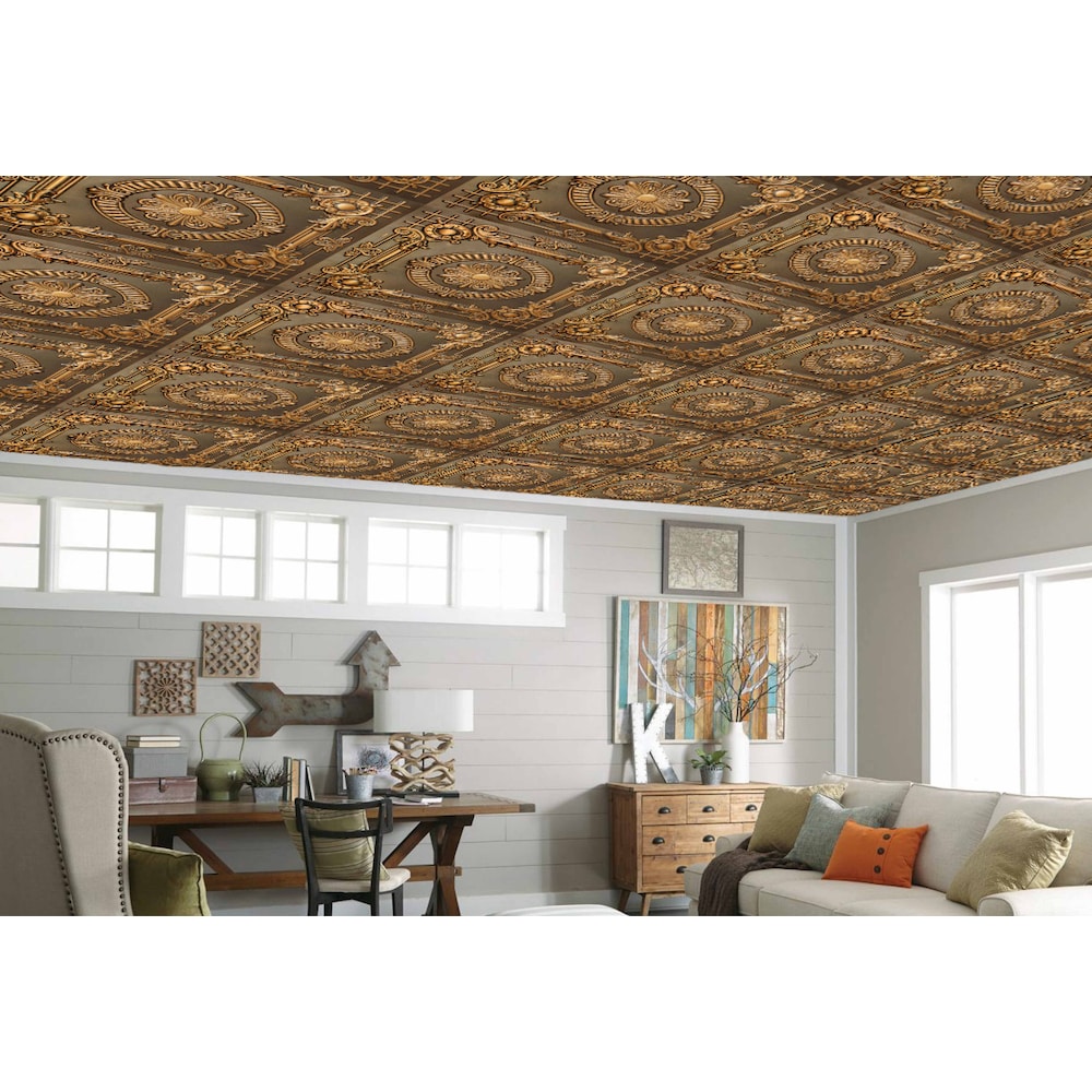 Falkirk Perth 2 ft. x 2 ft. Floral Glue Up or Lay In Ceiling Panel in Antique Gold (10-Pack)