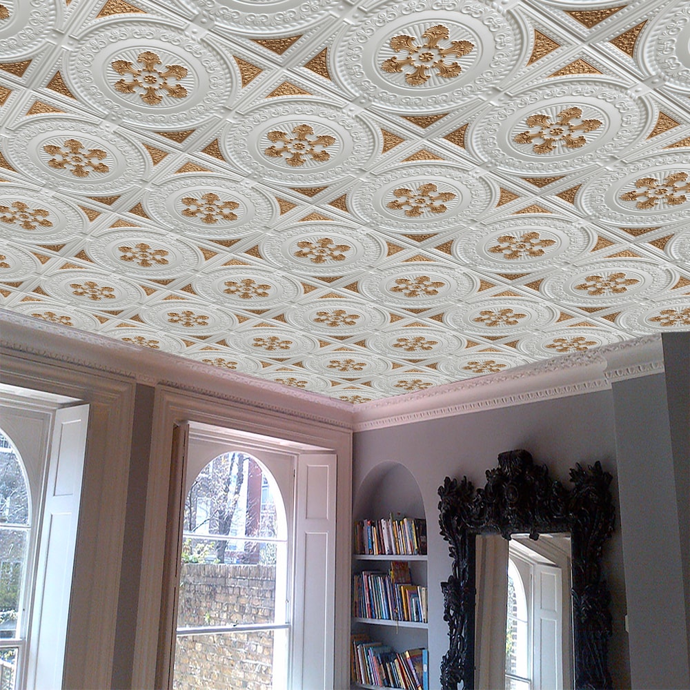 Falkirk Perth Panneau de plafond à coller ou à poser, 2 pi x 2 pi, blanc nacré-or (paquet de 25)