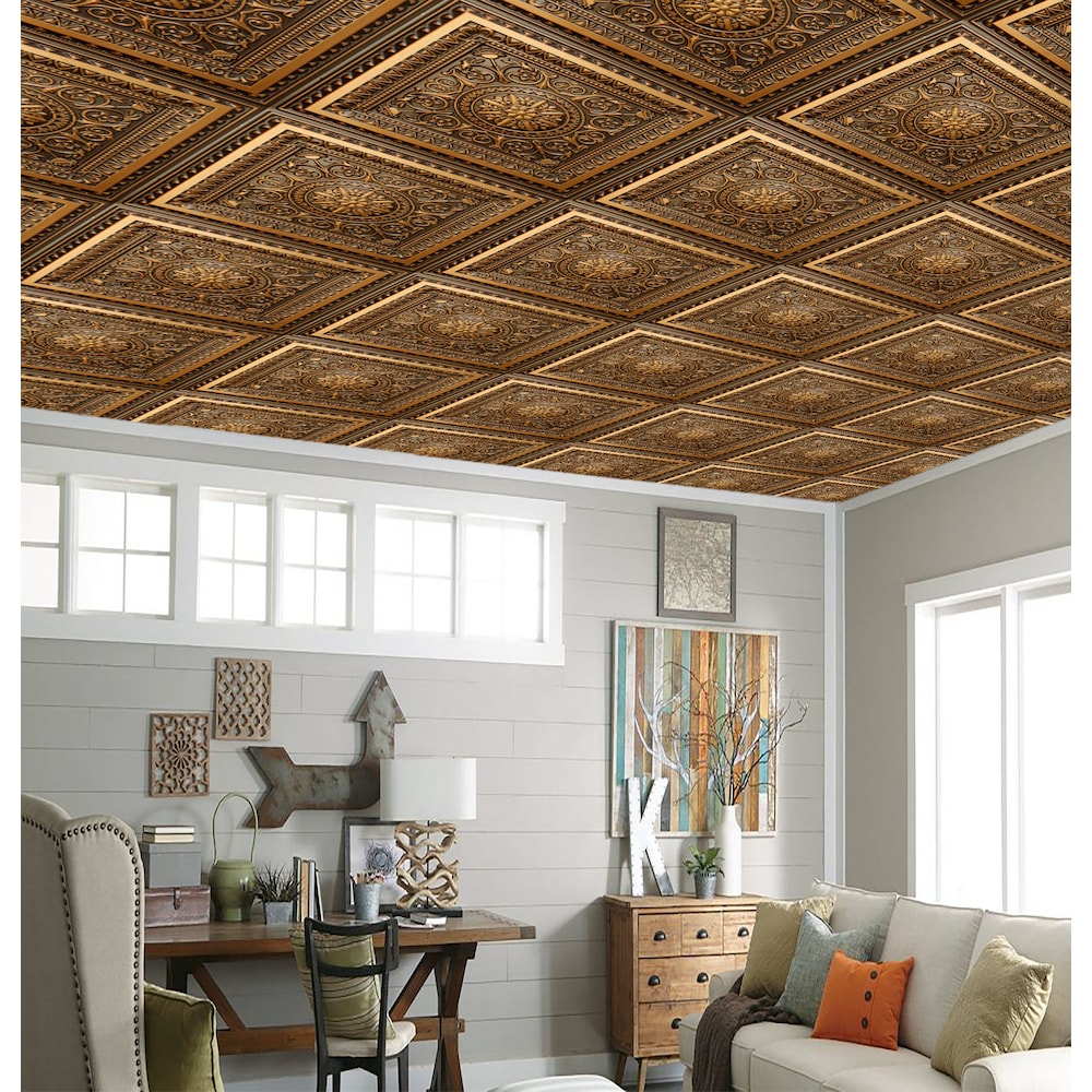 Falkirk Perth 2 ft. x 2 ft. Antique Gold Floral Ceiling Panel Glue Up or Lay In (25-Pack)