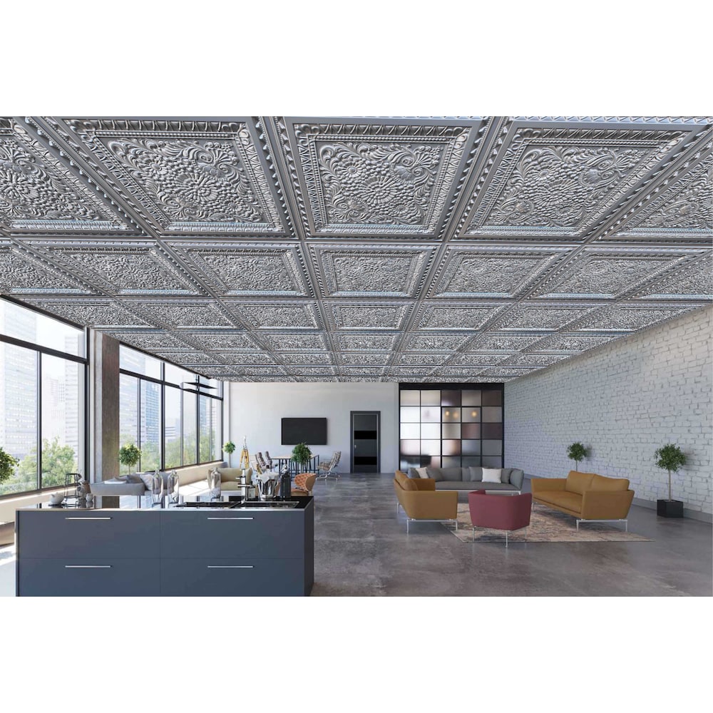 Falkirk Perth 2 ft. x 2 ft. Glue Up or Lay In Floral Ceiling Panel in Silver (25-Pack)