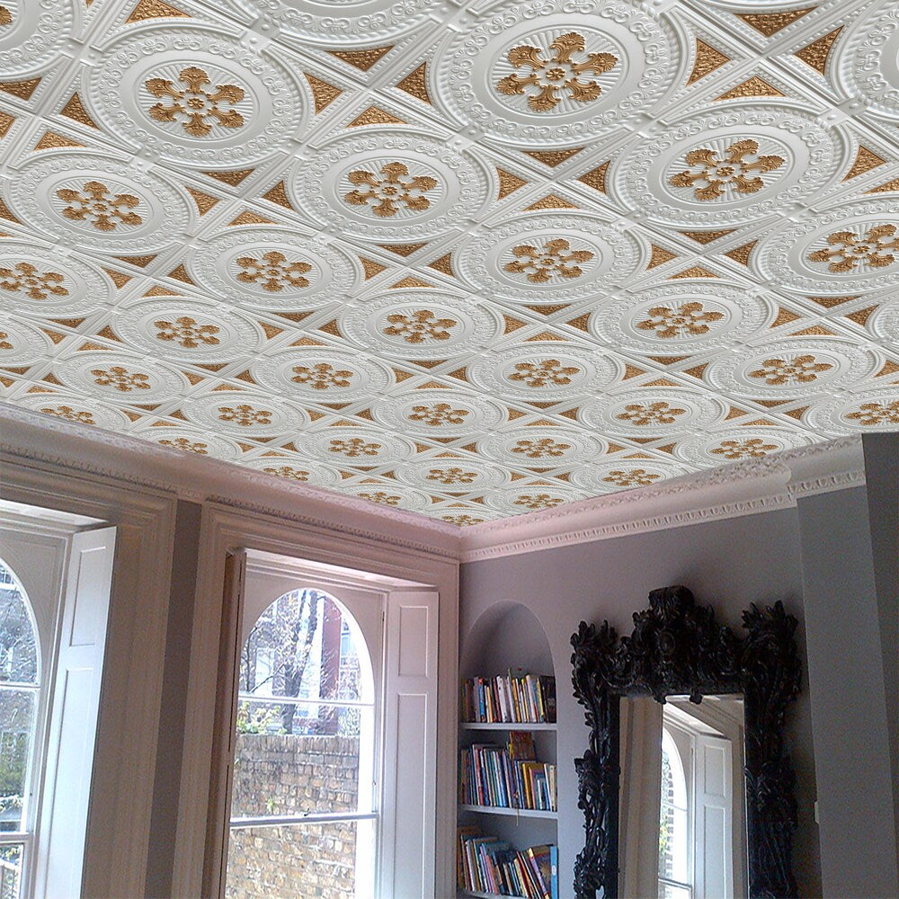 Falkirk Perth 2 ft. x 2 ft. Glue Up or Lay In Ceiling Panel in Pearl White-Gold (50-Pack)