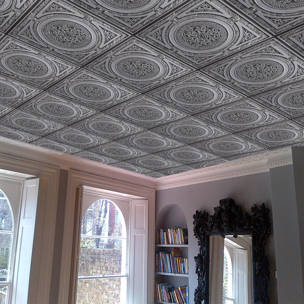 Falkirk Perth 2 ft. x 2 ft. Glue Up or Lay In Traditional Ceiling Panel in Antique Silver (50-Pack)