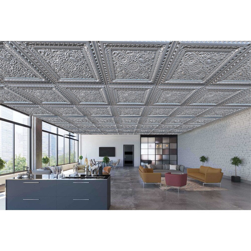 Falkirk Perth 2 ft. x 2 ft. Glue Up or Lay In Floral Ceiling Panel in Silver (50-Pack)