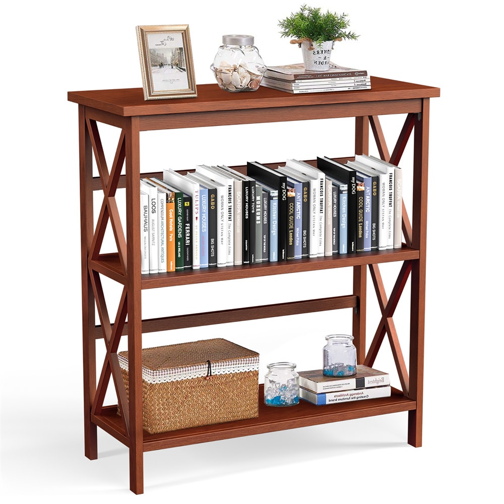 Bibliothèque à étagères en bois à 3 niveaux avec étagère autoportante en forme de X Naturel