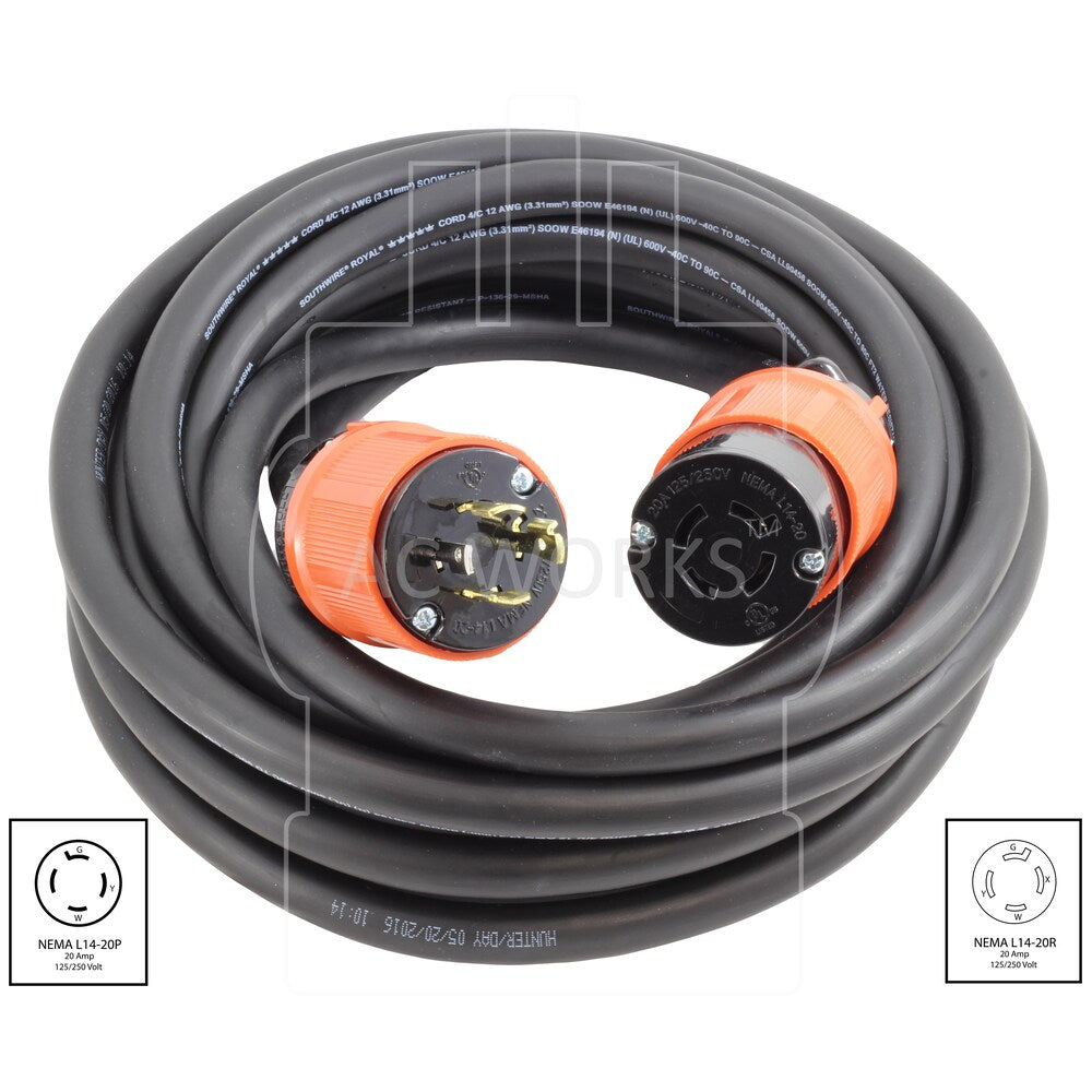25ft SOOW 12/4 NEMA L14-20 20A 125/250V Generator Rubber Extension Cord
