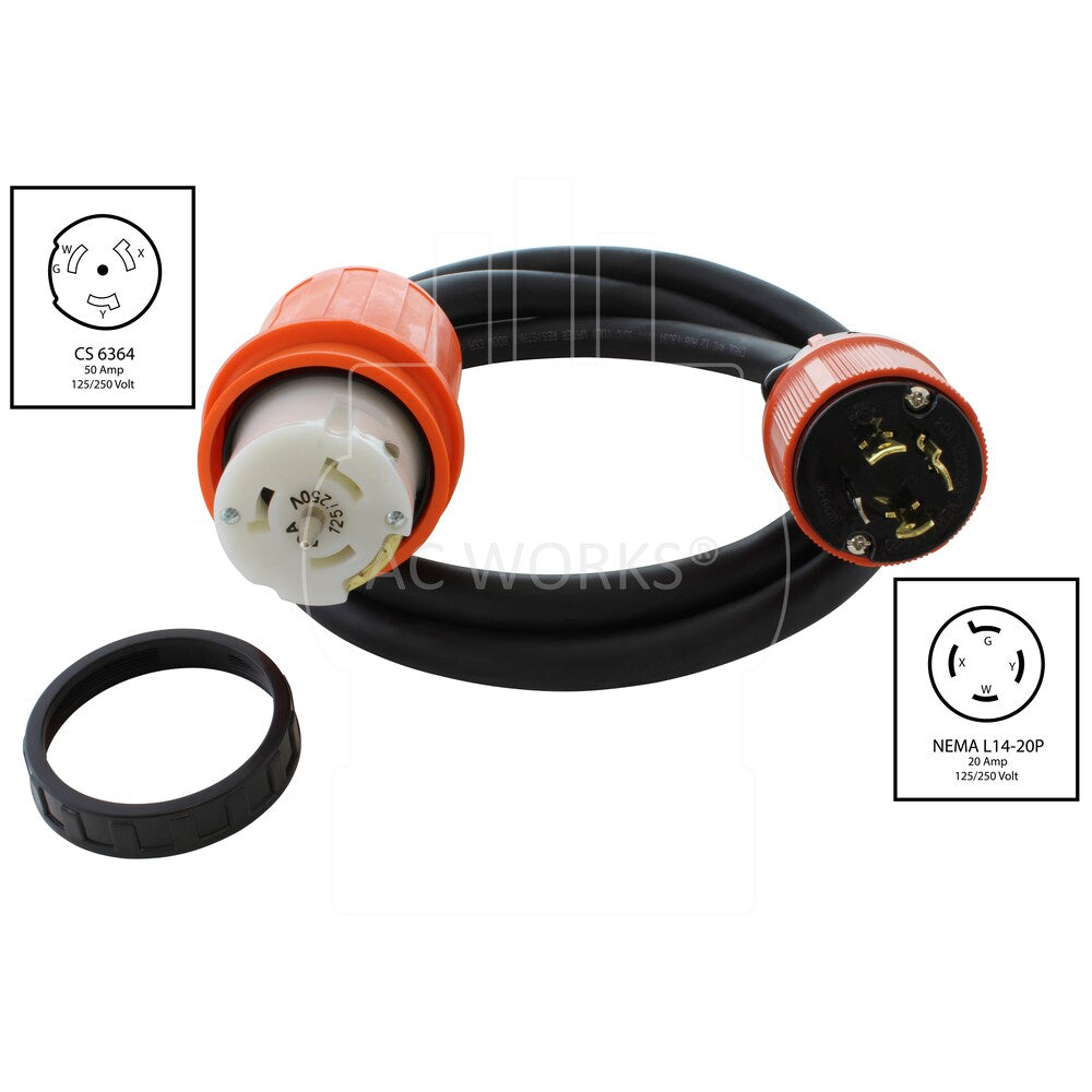 25ft Temp Power L14-20P 20A 4-Prong Locking Plug to CS6364 50A Connector