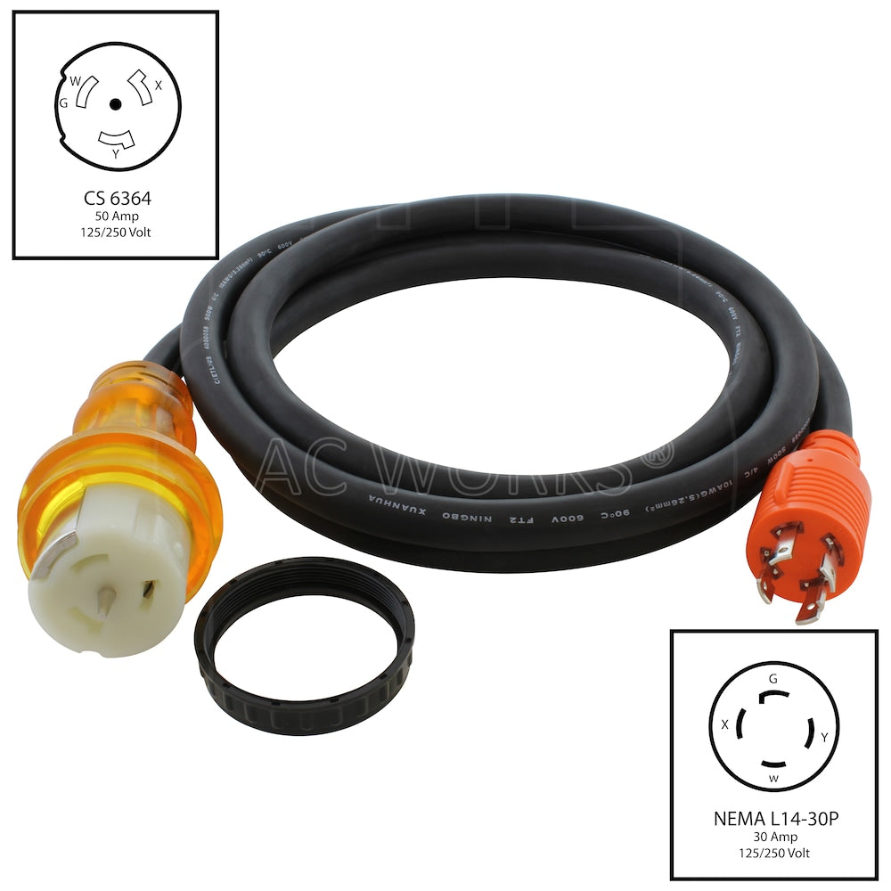 25ft L14-30P 30A 4-Prong Locking Plug to CS6364 50A Connector Temp Power Cord