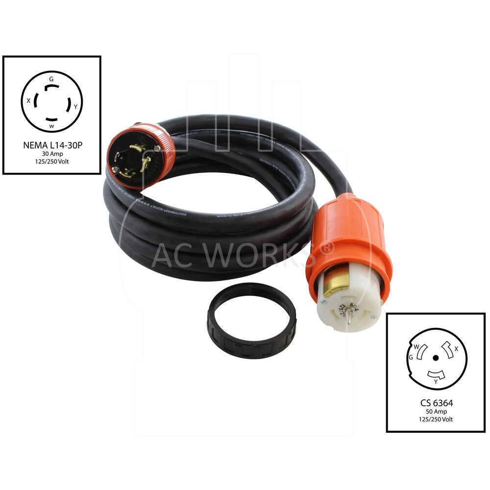 100ft L14-30P 30A 4-Prong Locking Plug to CS6364 50A Connector Temp Power Cord