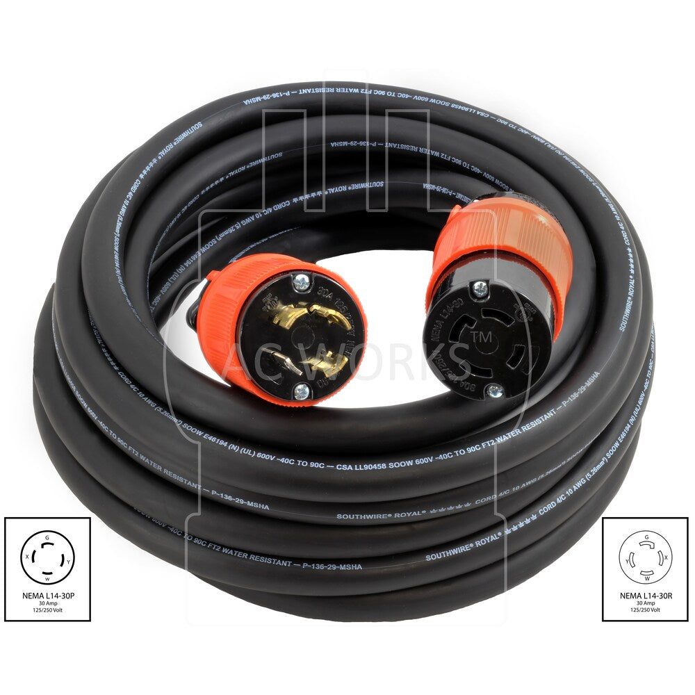 50ft 10/4 SOOW NEMA L14-30 30A 125/250V Generator Rubber Extension Cord