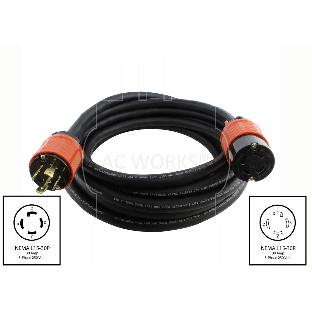 10ft SOOW 10/4 NEMA L15-30 30A 3-Phase 250V Industrial Rubber Extension Cord