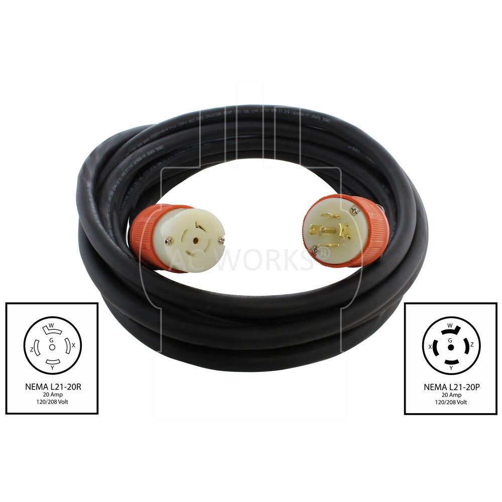 75ft SOOW 12/5 NEMA L21-20 20A 3-Phase 120/208V Industrial Rubber Extension Cord