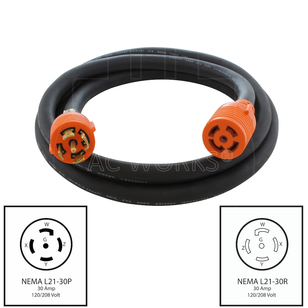 10ft SOOW 10/5 NEMA L21-30 30A 3-Phase 120/208V Industrial Rubber Extension Cord