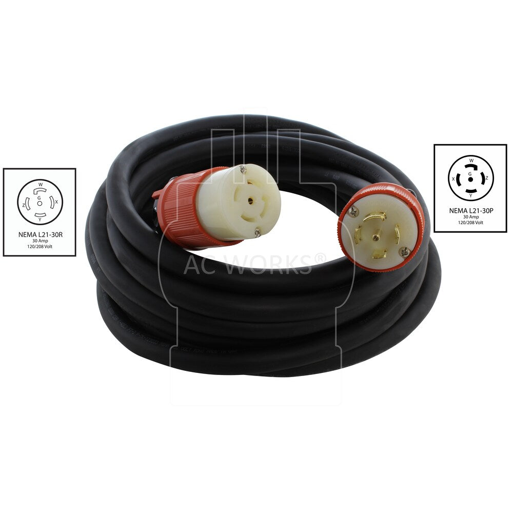 100ft SOOW 10/5 NEMA L21-30 30A 3-Phase 120/208V Industrial Rubber Extension Cord
