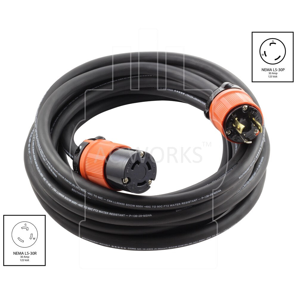 50ft SOOW 10/3 3-Prong NEMA L5-30 30A 125V Generator Rubber Extension Cord