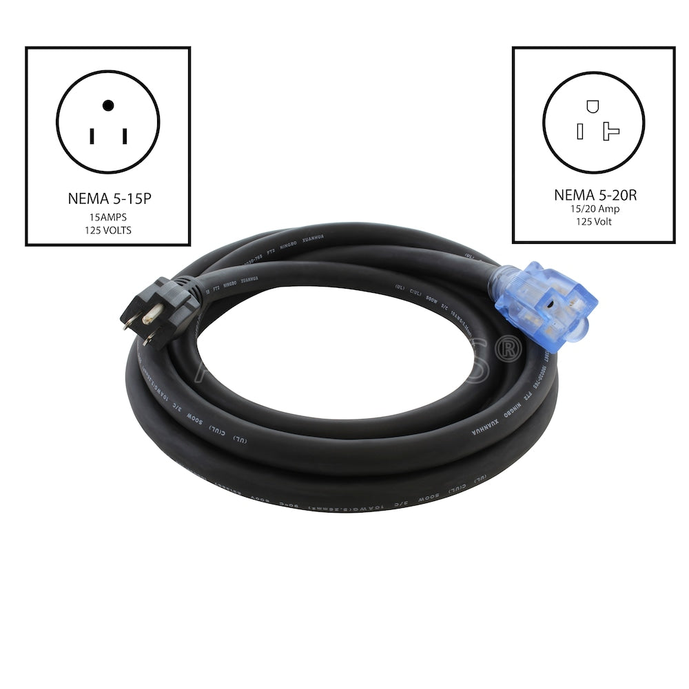 25ft SOOW 10 Gauge NEMA 5-15P to NEMA 5-20R 15/20A Super Duty Rubber Extension Cord