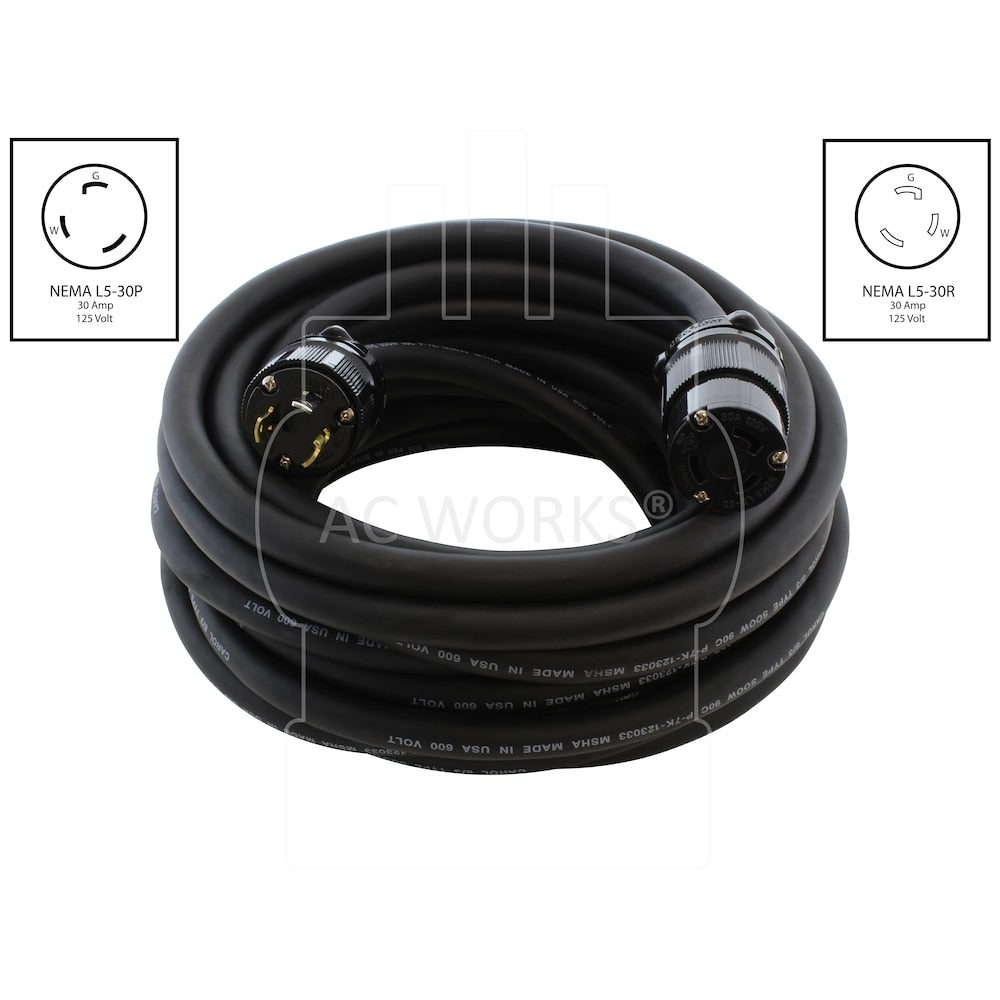 100ft SOOW 8 Gauge NEMA L5-30 30A 125V Super Duty Outdoor Rubber Extension Cord