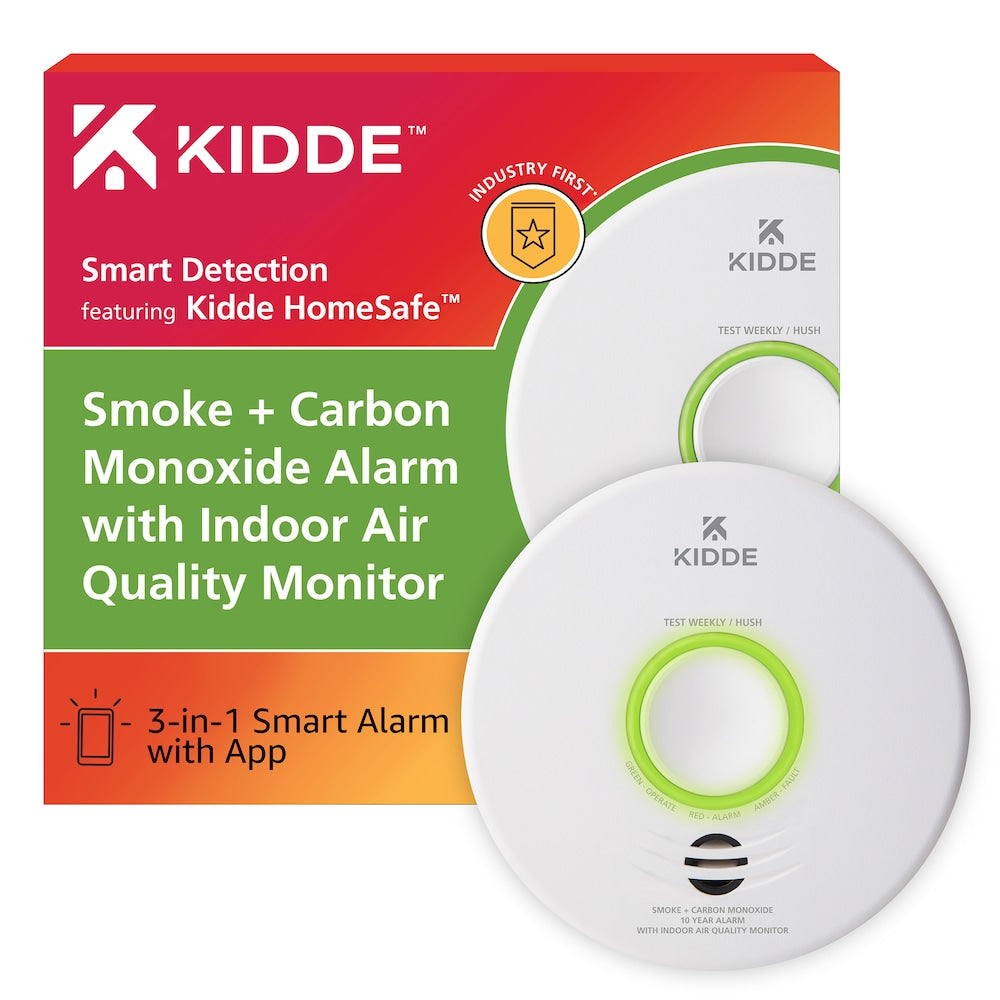 Détecteur combiné de fumée et de monoxyde de carbone interconnecté et câblé avec moniteur de qualité de l'air intérieur et batterie de secours
