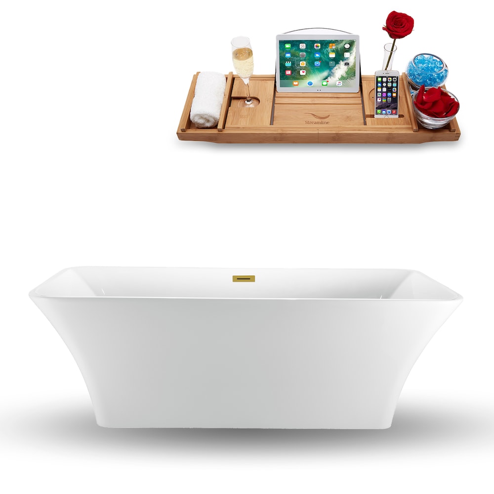 Baignoire autoportante rectangulaire en acrylique N1000BGL de 71 po et plateau en blanc brillant avec drain central
