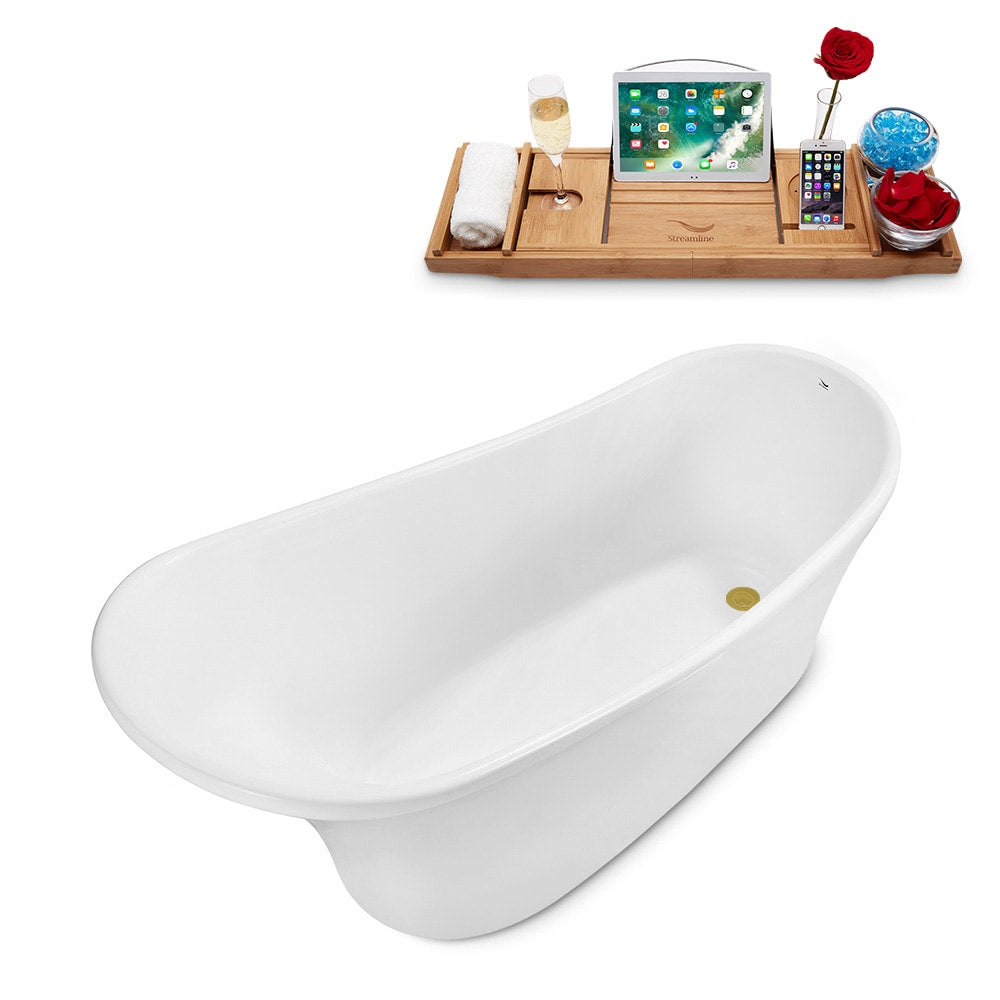 N1760-IN-BGL 55 in. Freestanding Oval Acrylic Bathtub and Tray in Glossy White with Reversible Drain