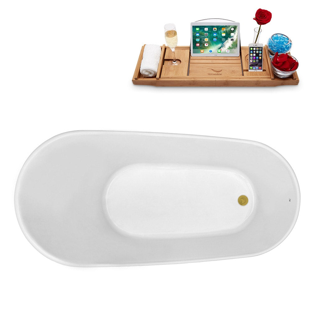 N1760-IN-BGL 55 in. Freestanding Oval Acrylic Bathtub and Tray in Glossy White with Reversible Drain