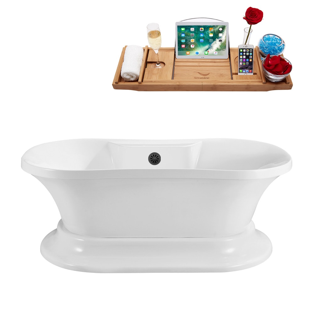 N180BGM 60 inch Freestanding Oval Acrylic Bathtub and Tray in Glossy White with Centre Drain