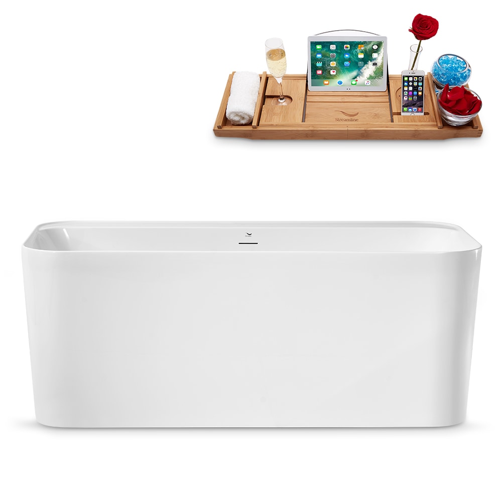 N2100BGL 59 in. Freestanding Rectangular Acrylic Bathtub and Tray in Glossy White with Center Drain
