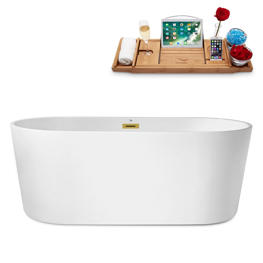 N2180BGL 62 inch Freestanding Oval Acrylic Bathtub and Tray in Glossy White with Center Drain