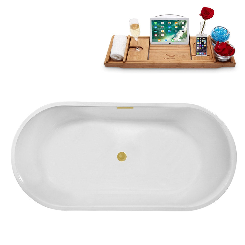 N2180BGL 62 inch Freestanding Oval Acrylic Bathtub and Tray in Glossy White with Center Drain